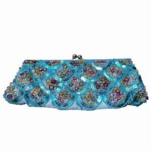 Beaded Sequin Evening Clutch Aqua Blue Kiss Lock Formal Purse